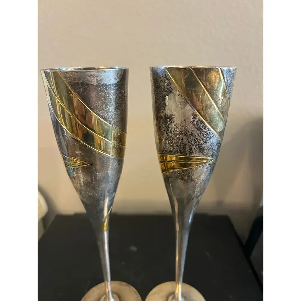 Etched Brass & Silver Plate Champagne Flutes Set Made in India